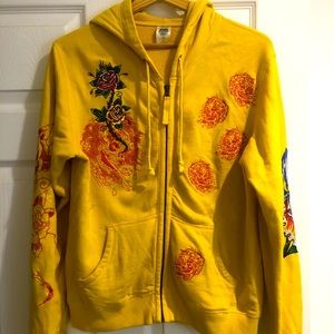 Yellow Embroidered Ed Hardy Zip Hoodie Size M